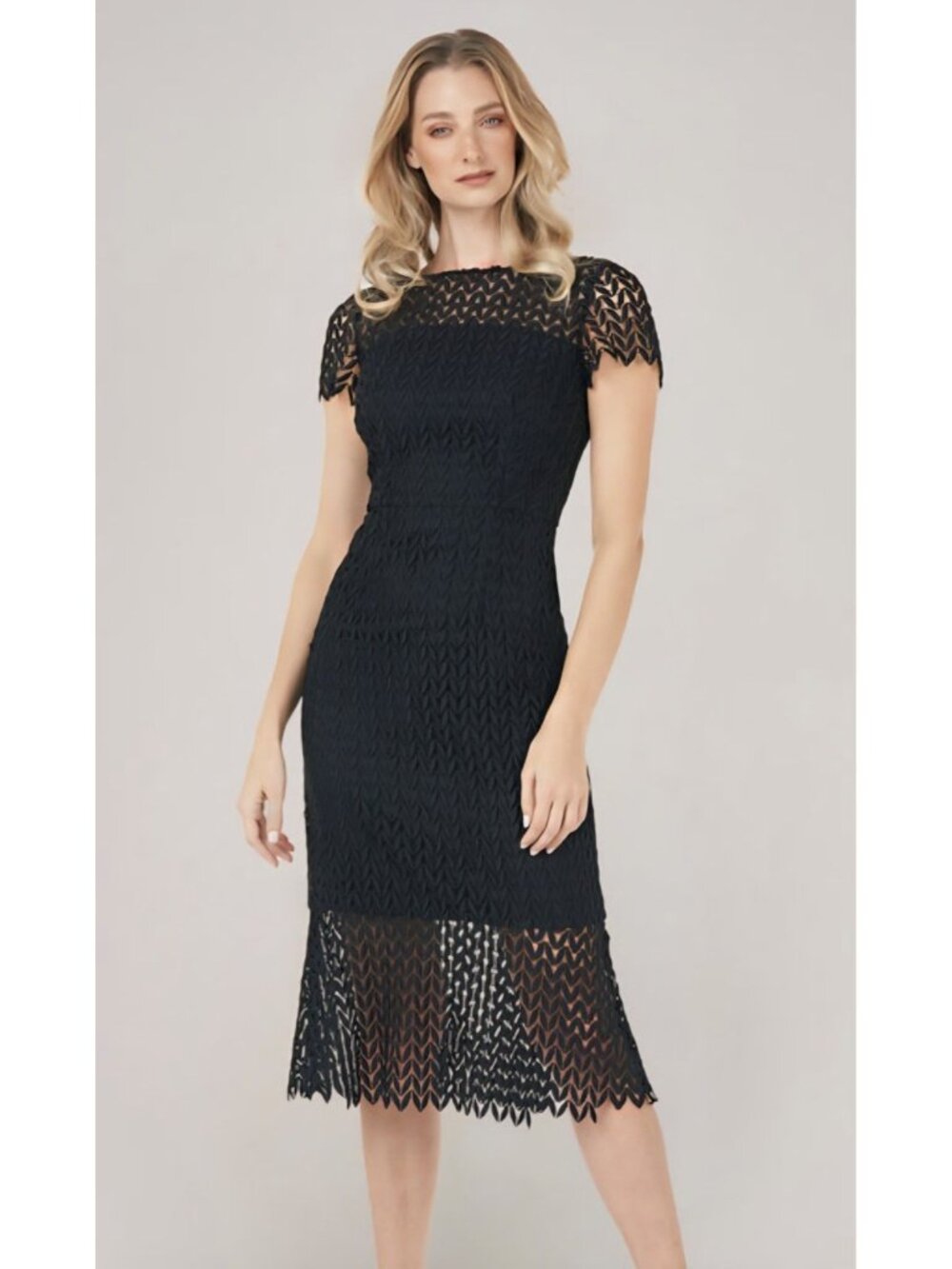 Kay Unger Black Tatum Floral Lace Midi Dress Women's Size 10 MSRP $248